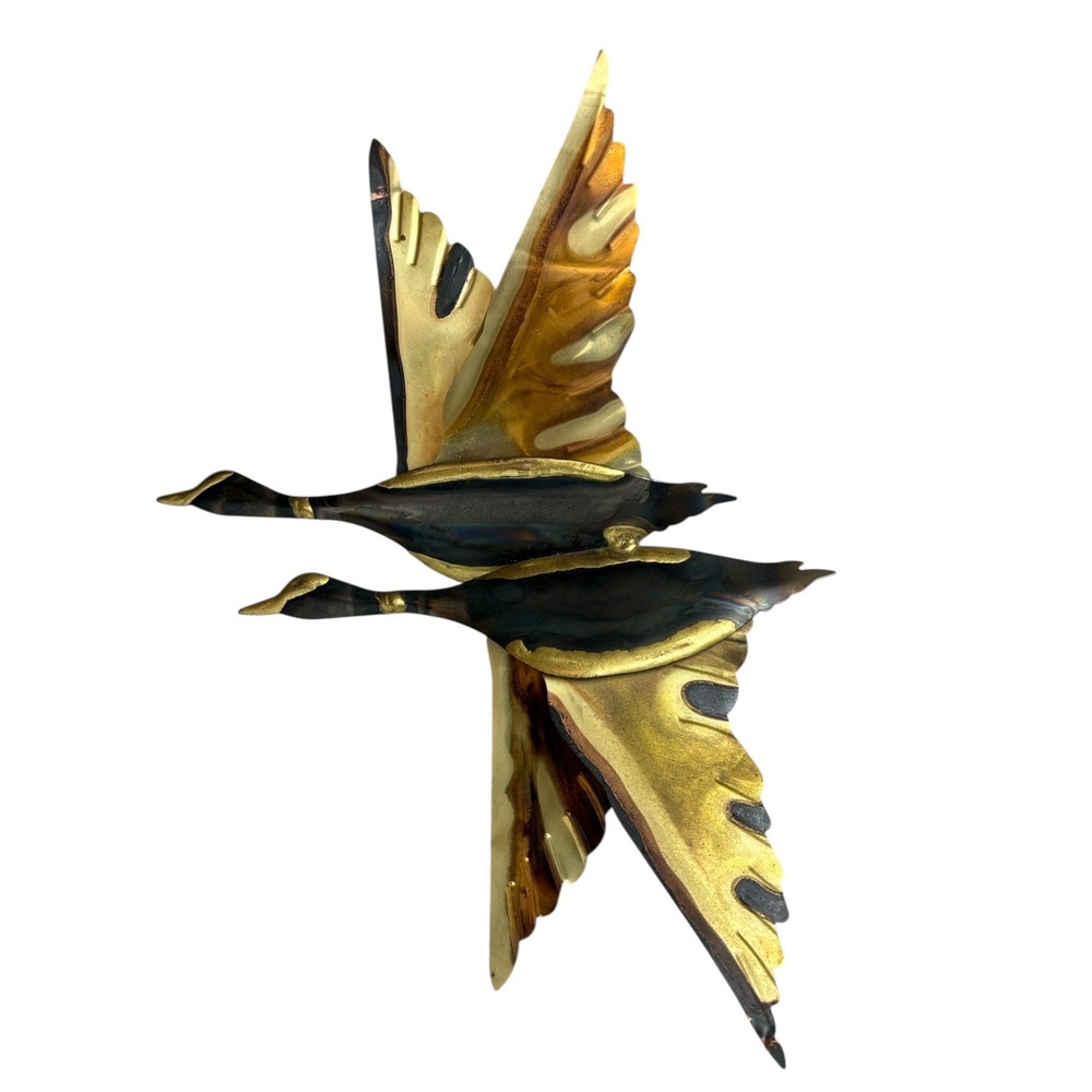 Vintage Brutalist Metal Geese Wall Art Mid Century Brass Copper Flying Birds